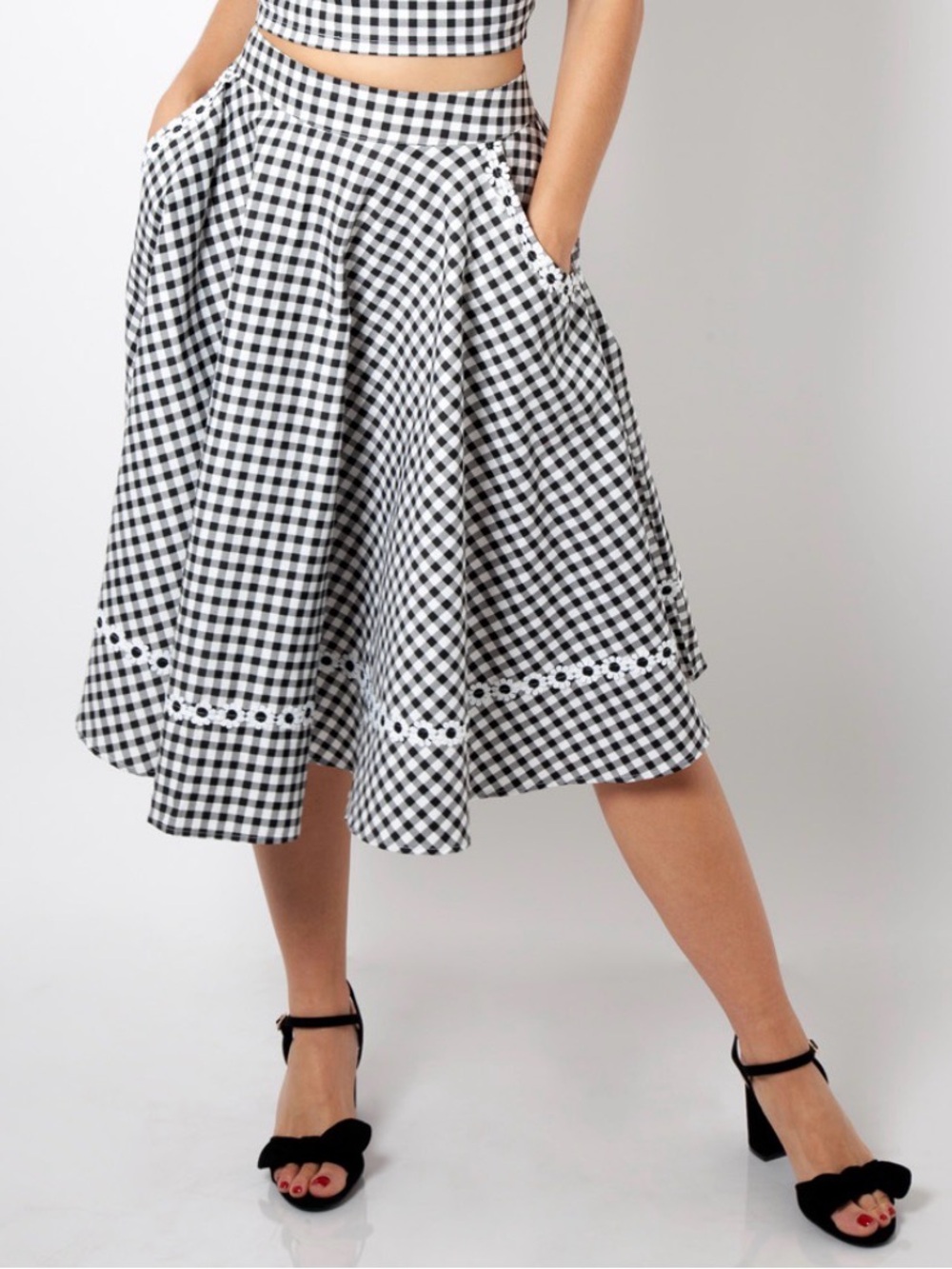Voodoo Vixen Daisy Trim Gingham Midi Skirt Rockabilly Pin-Up Black White Size L